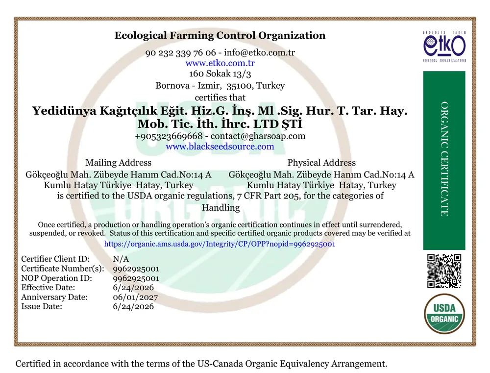 USDA NOP organic certificate for BlackSeedSource issued by ETKO